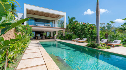 Luxury villa surrounded by tropical landscaping and modern architecture.