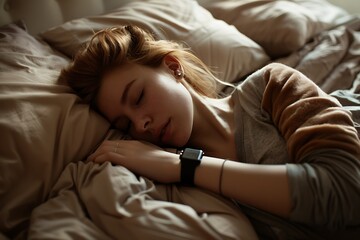 Restful Sleep: Woman in Bed with Smartwatch Monitoring Her Sleep