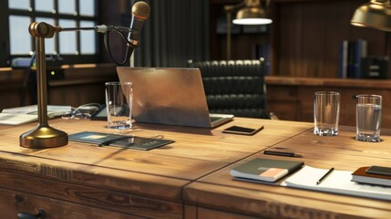 Wooden Desk with Laptop and Microphone