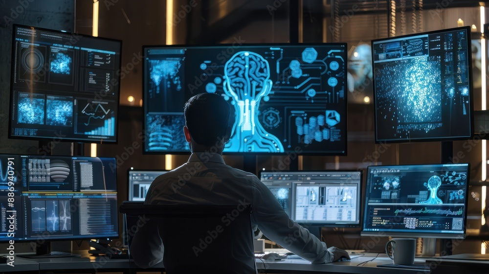 Poster the digital architect: programmer designs software solutions on a multi-monitor canvas, generative a