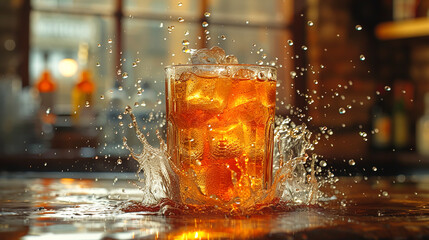 A glass of cola drink on the bar blurred background
