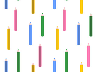 Seamless background with colored pencils. Bright pattern with stationery accessories for school