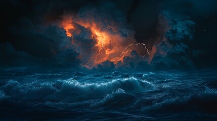 Fototapeta premium Minimalist dark ocean storm with bright orange lightning, angular waves under a steel blue night sky