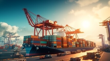 Fototapeta premium Container ship carrying container boxes import export dock with quay crane. Business commercial trade global cargo freight shipping logistic and transportation worldwide oversea concept.