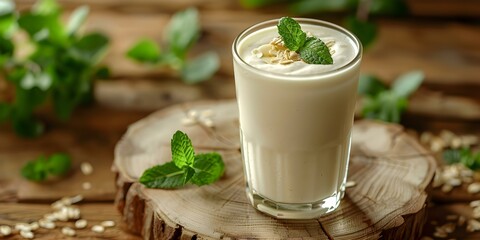 Banana yogurt shake in a latte glass with mint leaves on wood. Concept Food Photography, Fruit Drinks, Healthy Smoothies, Refreshing Beverages, Natural Ingredients