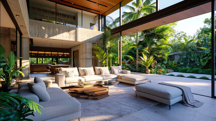 Fototapeta premium Modern villa with sophisticated architecture and lush garden views.