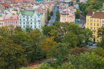Fototapeta premium Overlooking the city landscape of Vyšehrad Cemetery Park, Prague, Czech Republic
