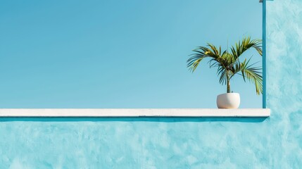 Obraz premium A potted plant atop a white sill, adjacent to a blue wall and blue sky background