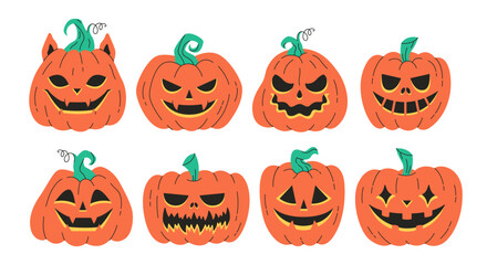 Cute and scary Halloween pumpkins, Jack o'lantern. Happy Halloween, trick or treat. Vector illustration in flat style