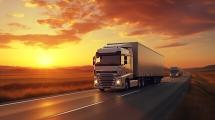 delivery cargo trucks driving in motion on highway road in country field and sunset landscape concept of lorry logistic freight transportation business.