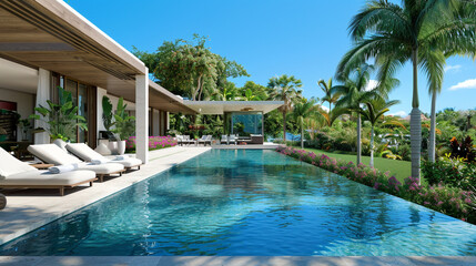 Obraz premium Luxury villa with sophisticated architecture and lush garden views.