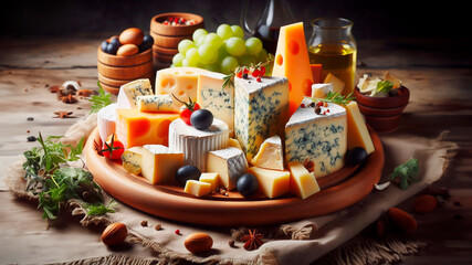 Assorted cheeses of different textures on a wooden plate
