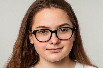 Obraz premium A girl with glasses on her face is in a state of mind. People business female concept. A girl looks smart with glasses. A girl with glasses on her face is looking smart lifestyle.