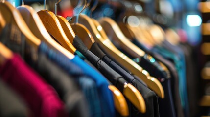 Fototapeta premium Close up of Clothes on Wooden Hangers in a Store
