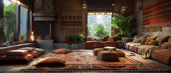 Cozy living room with ethnic patterns and earthy tones
