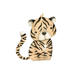 Safari watercolor hand-drawn illustration with baby tiger for kids