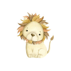 Safari watercolor hand-drawn illustration with baby lion for kids
