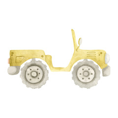 Safari watercolor hand-drawn illustration with pickup car for safari