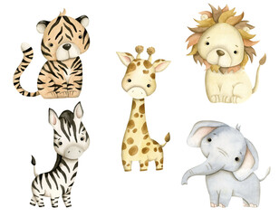 Safari watercolor hand-drawn illustration with baby elephant, lion, tiger, zebra, giraffe for kids