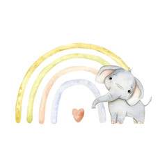 Safari watercolor hand-drawn illustration with baby elephant and rainbow for kids