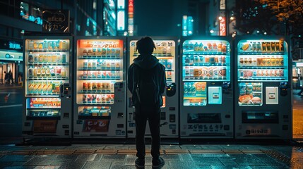 Naklejka premium Person standing before illuminated vending machines at night, urban setting, wide shot
