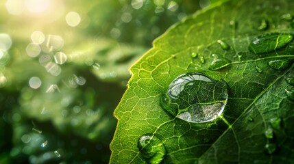 Close-up shot of a dewdrop on a vibrant green leaf.