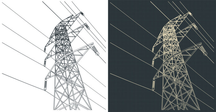 Technical drawings of high voltage electric pole with wires