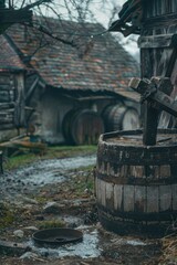 Wooden barrel near wooden building