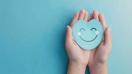 Hand holding blue paper cut happy smile face, Positive thinking, Mental health assessment , World mental health day concept