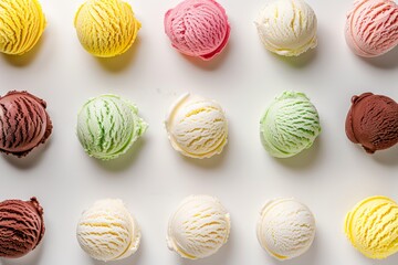 Vibrant top-down view of assorted gelato flavors in various colors, beautifully arranged and tempting. Beautiful simple AI generated image in 4K, unique.