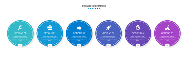 Horizontal progress bar featuring 6 arrow-shaped elements, symbolizing the six stages of business strategy and progression. Clean timeline infographic design template. Vector for presentation