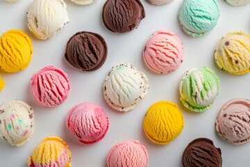 Obraz premium A Variety of Ice Cream and Ingredients Displayed on a White Background - Ideal for a Summer Treat. Beautiful simple AI generated image in 4K, unique.