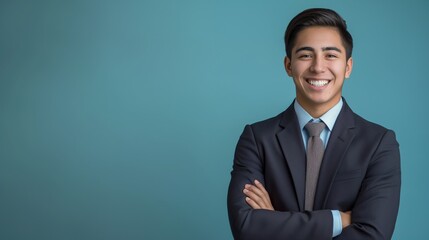 Confident Young Hispanic Businessman in Formal Suit Smiling, Ideal for Corporate Profile or Professional Use