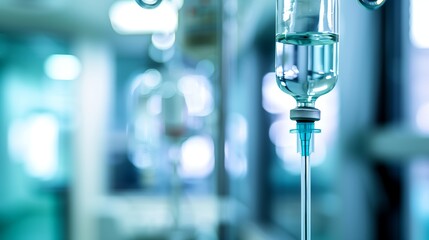 Close-up of an intravenous drip in a hospital setting, symbolizing healthcare and medical treatments with a blurred background.