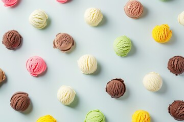 Vibrant top-down view of assorted gelato flavors in various colors, beautifully arranged and tempting. Beautiful simple AI generated image in 4K, unique.