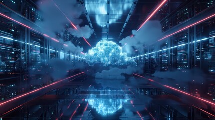 Obraz premium A Digital Ecosystem: Glowing Information Flows Through a 3D Cloud Server Network, Generative AI