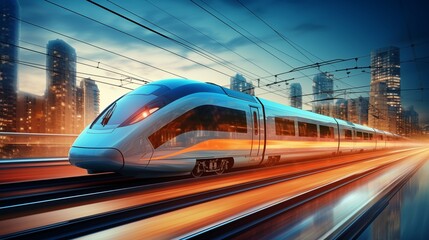 High-speed train at the station and a blurred city in the background, high resolution, high-quality image, travel, lighting, colorfulness, fast travel, be on time, technology, progress.