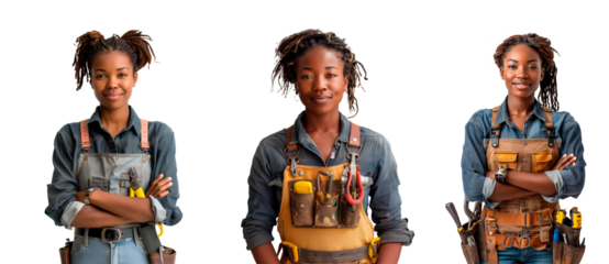 A set of African American woman carpenters isolated on white or transparent background. Woman carpenters with tools for work close-up.