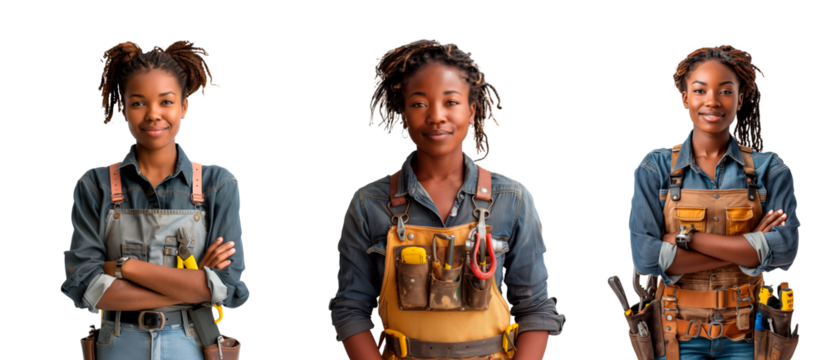 A set of African American woman carpenters isolated on white or transparent background. Woman carpenters with tools for work close-up.