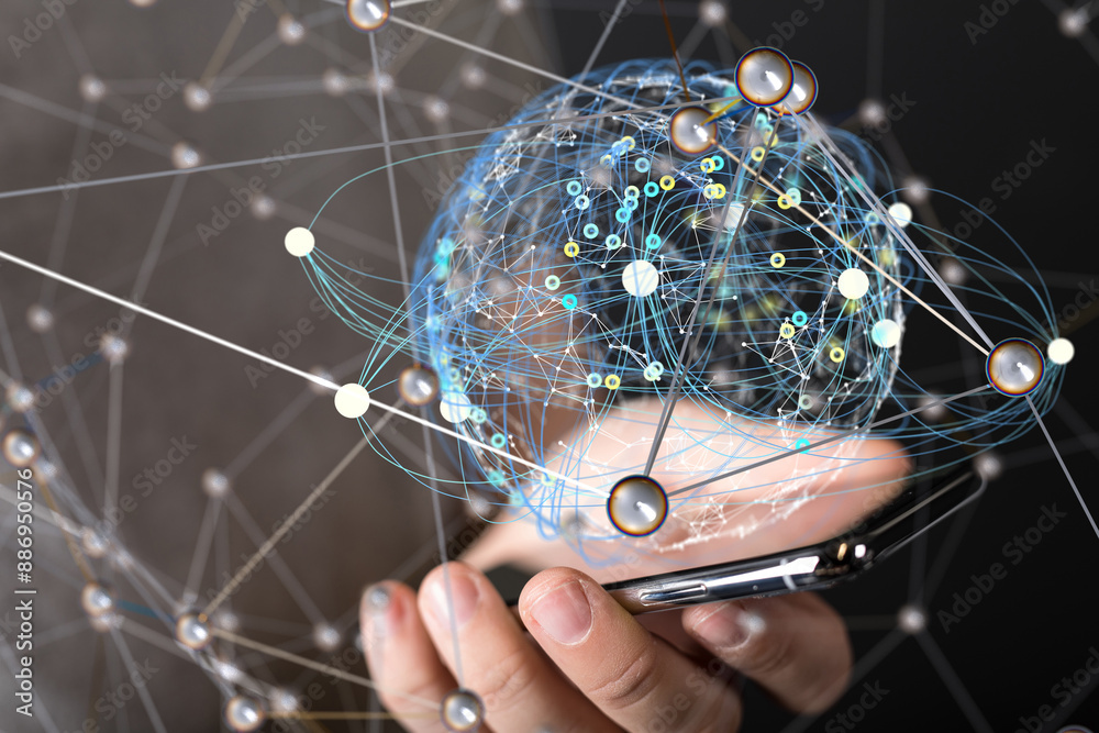 Leinwandbilder Global network. Blockchain. 3D illustration. Neural networks and artificial intelligence. Abstract