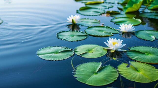 Tranquil pond with white water lilies and green lily pads, creating a serene and peaceful natural scene.
