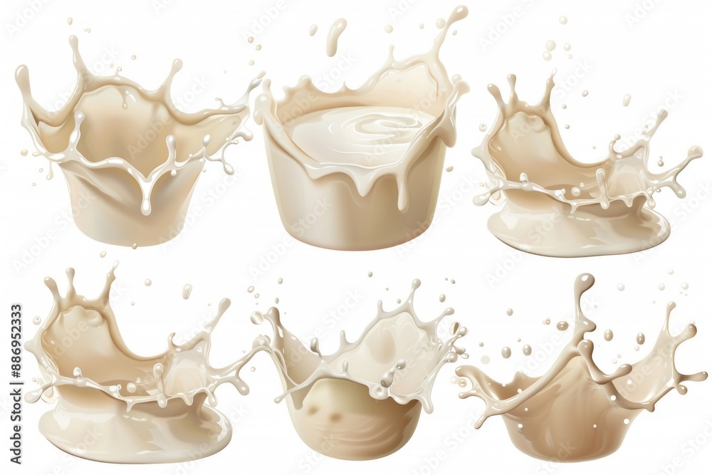 Poster Fresh milk splashing on surface with various shapes and patterns