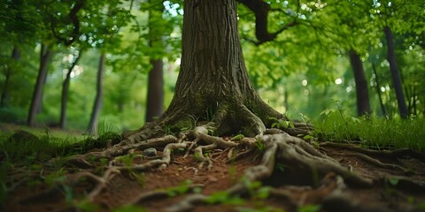 Fototapeta premium Old tree with thick trunk and visible roots above ground. Concept Nature Photography, Tree Features, Landscape Shots, Woodland Beauty