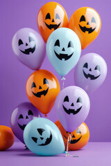 Obraz premium Happy Halloween holiday concept with friendly ghost balloons, jack-o-lantern balloons and gold confetti floating against on a lilac background.