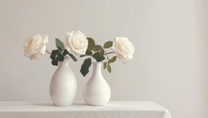 Three White Roses in Porcelain Vases