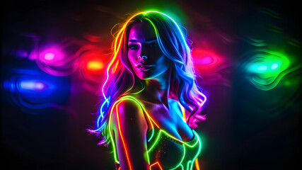 A Lady with outlines of glowing Neon Lights