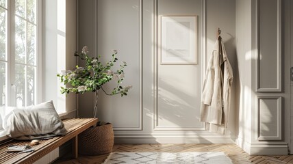 Cozy entryway with wooden bench, coat rack, and natural light. Foliage arrangement adds a touch of nature to the welcoming space.