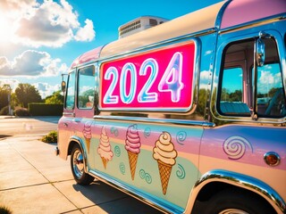 Retro Ice Cream Truck With 2024 Neon Sign Parked on Sidewalk