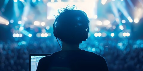 Individual watching virtual concert on laptop. Concept Virtual concerts, Online entertainment, Digital events