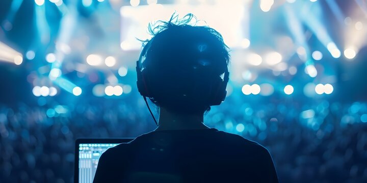 Individual watching virtual concert on laptop. Concept Virtual concerts, Online entertainment, Digital events